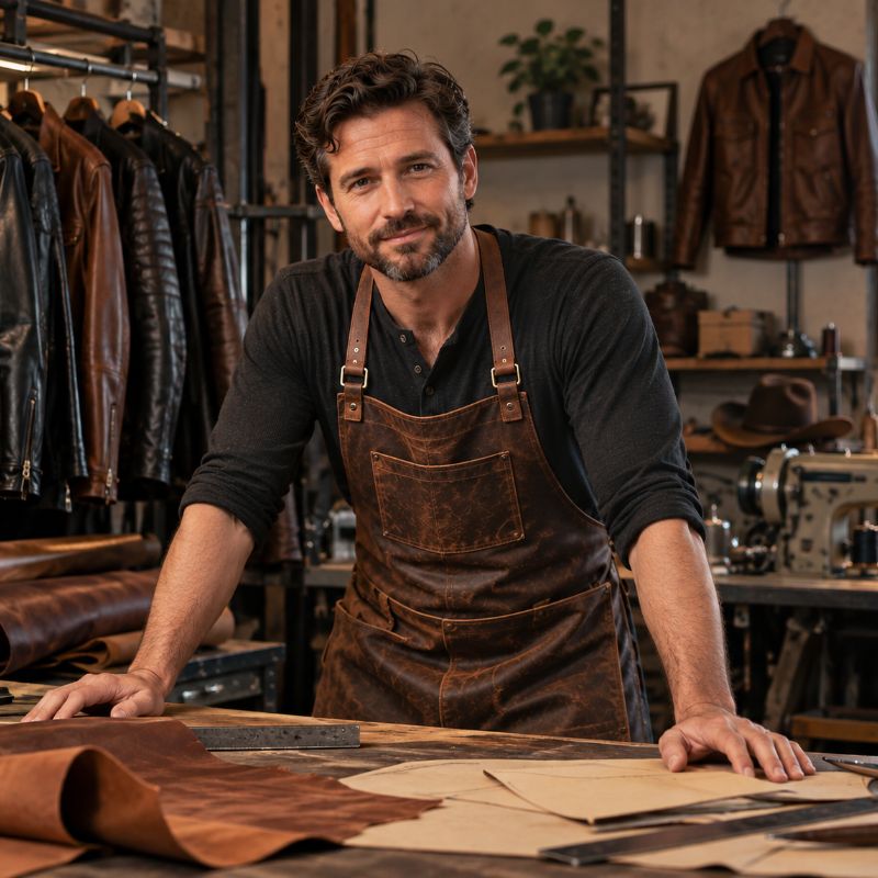 Hand-cutting genuine leather for a jacket at Eddy's Jackets