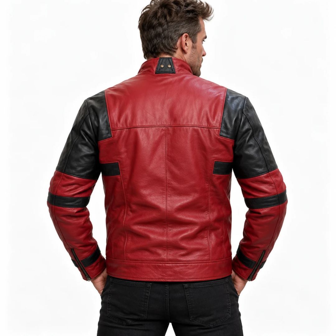 Deadpool-inspired red and black leather biker jacket, back view