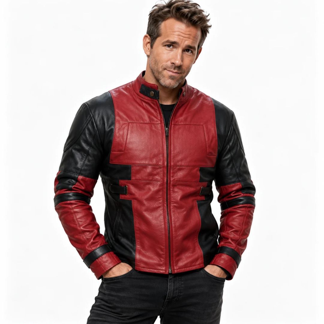 Deadpool-inspired red and black leather biker jacket, front view