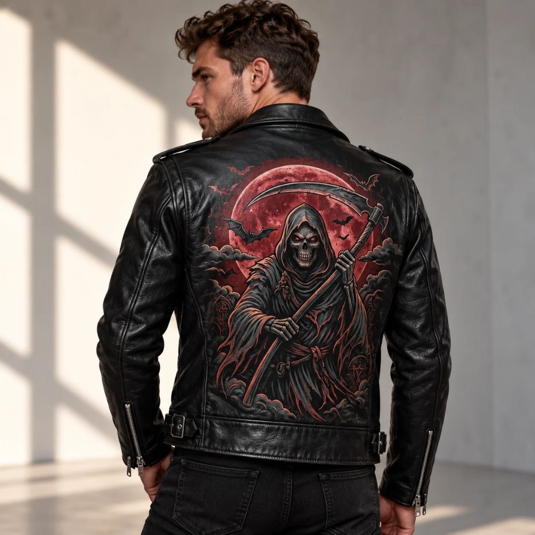 Gothic Grim Reaper Halloween Black Leather Biker Jacket