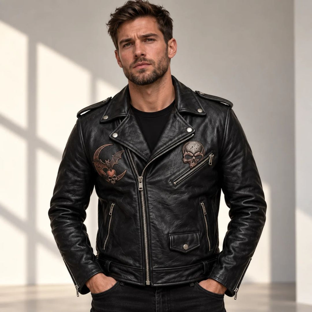 Gothic Grim Reaper Halloween Black Leather Biker Jacket