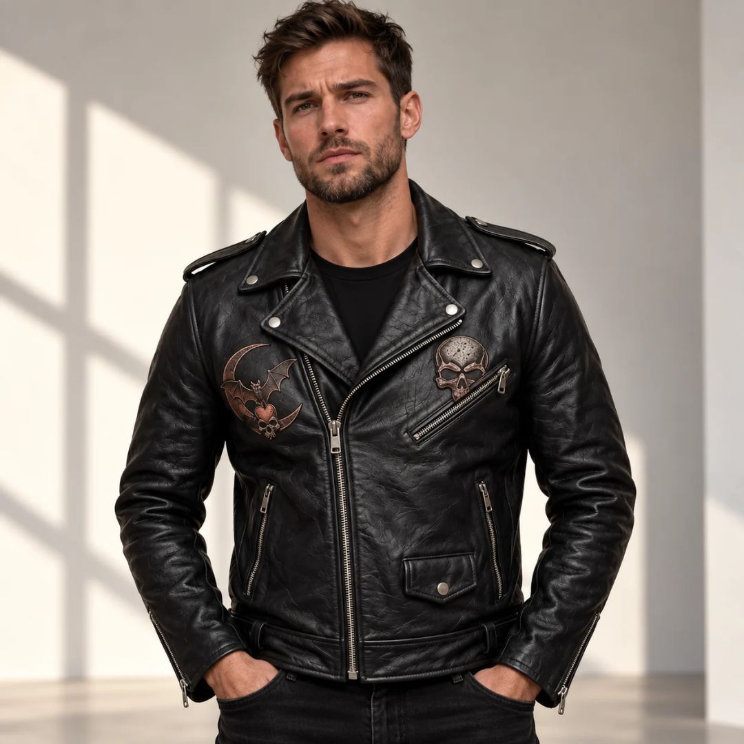 Gothic Grim Reaper Halloween Black Leather Biker Jacket