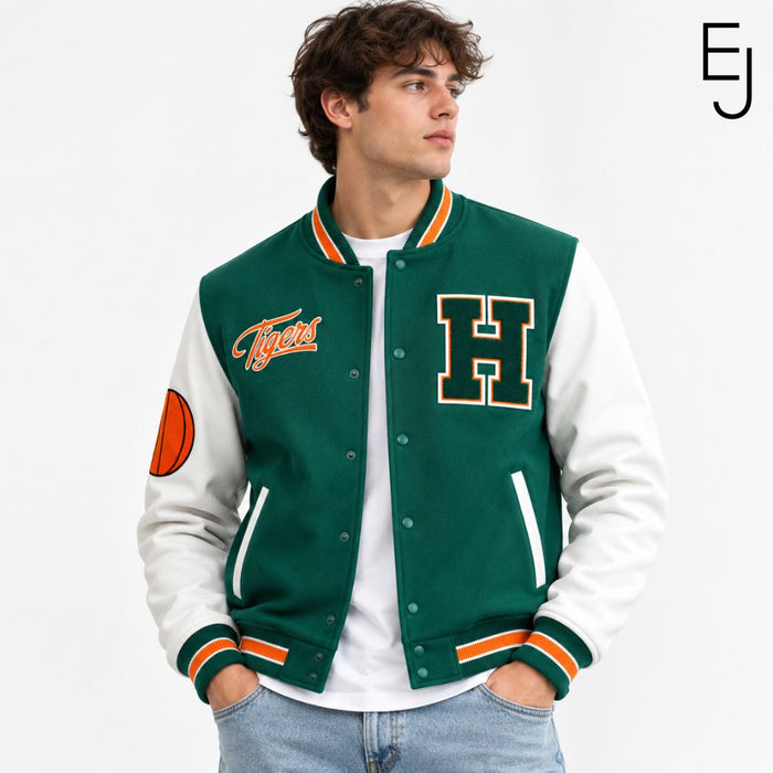 Hawkins High Tigers varsity letterman jacket - green wool with white leather sleeves