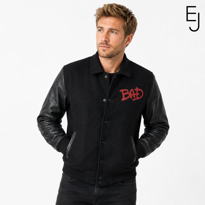 Michael Jackson Bad World Tour varsity jacket - black wool with leather sleeves