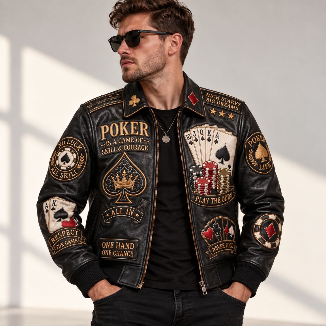 Men's Embroidered Poker Leather Bomber Jacket