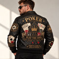 Men's Embroidered Poker Black Leather Bomber Jacket