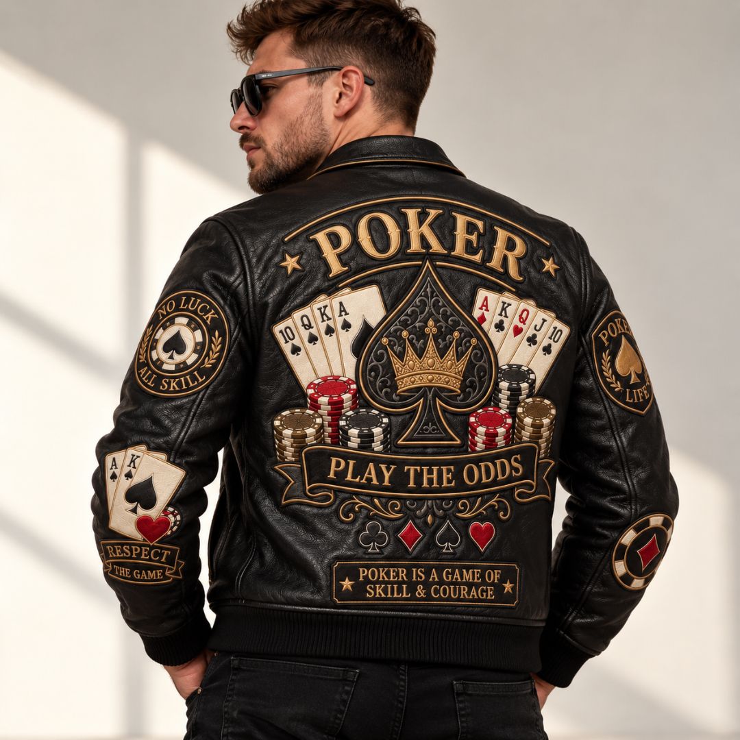 Men's Embroidered Poker Black Leather Bomber Jacket