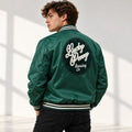 Seth Rogen Platonic Lucky Penny Green Satin Varsity Jacket for Him