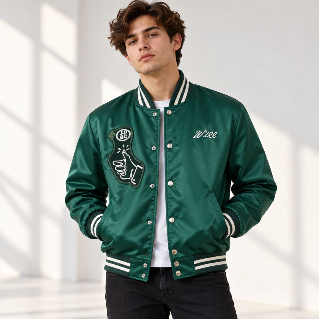 Seth Rogen Platonic Lucky Penny Green Satin Varsity Jacket
