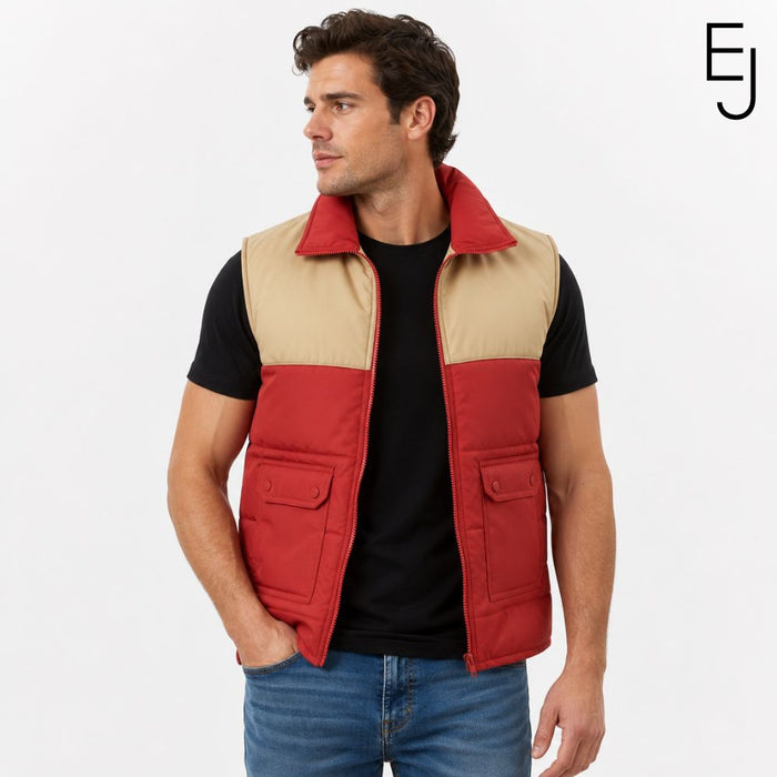 Will Byers red and tan puffer vest from Stranger Things Season 4 - front view