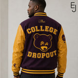 College Dropout varsity jacket with Dropout Bear patch and striped rib-knit trim