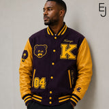 Kanye West College Dropout Chi-Town varsity jacket in purple wool with gold leather sleeves