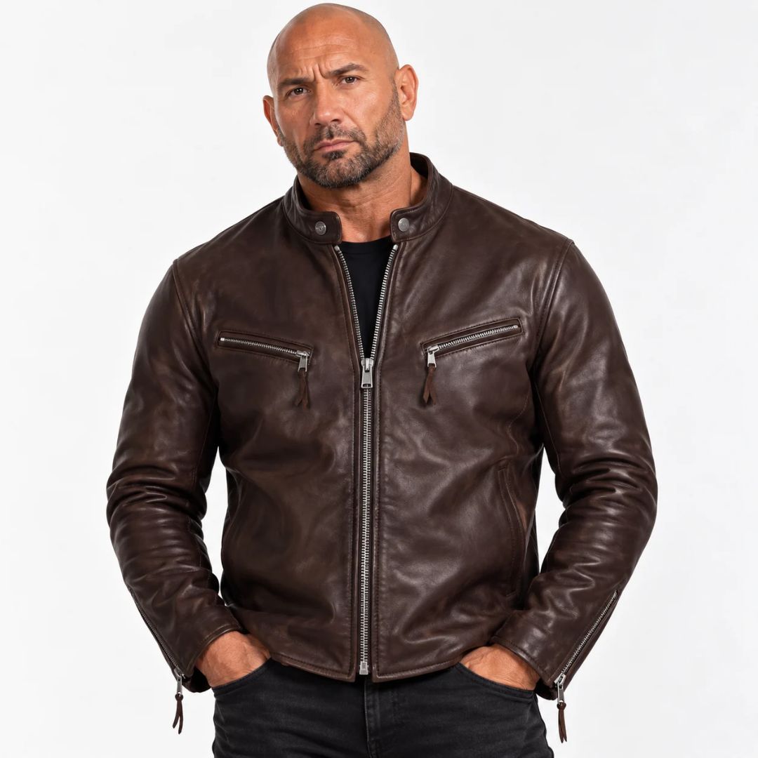 The Wrecking Crew Dave Bautista Brown Biker Leather Jacket