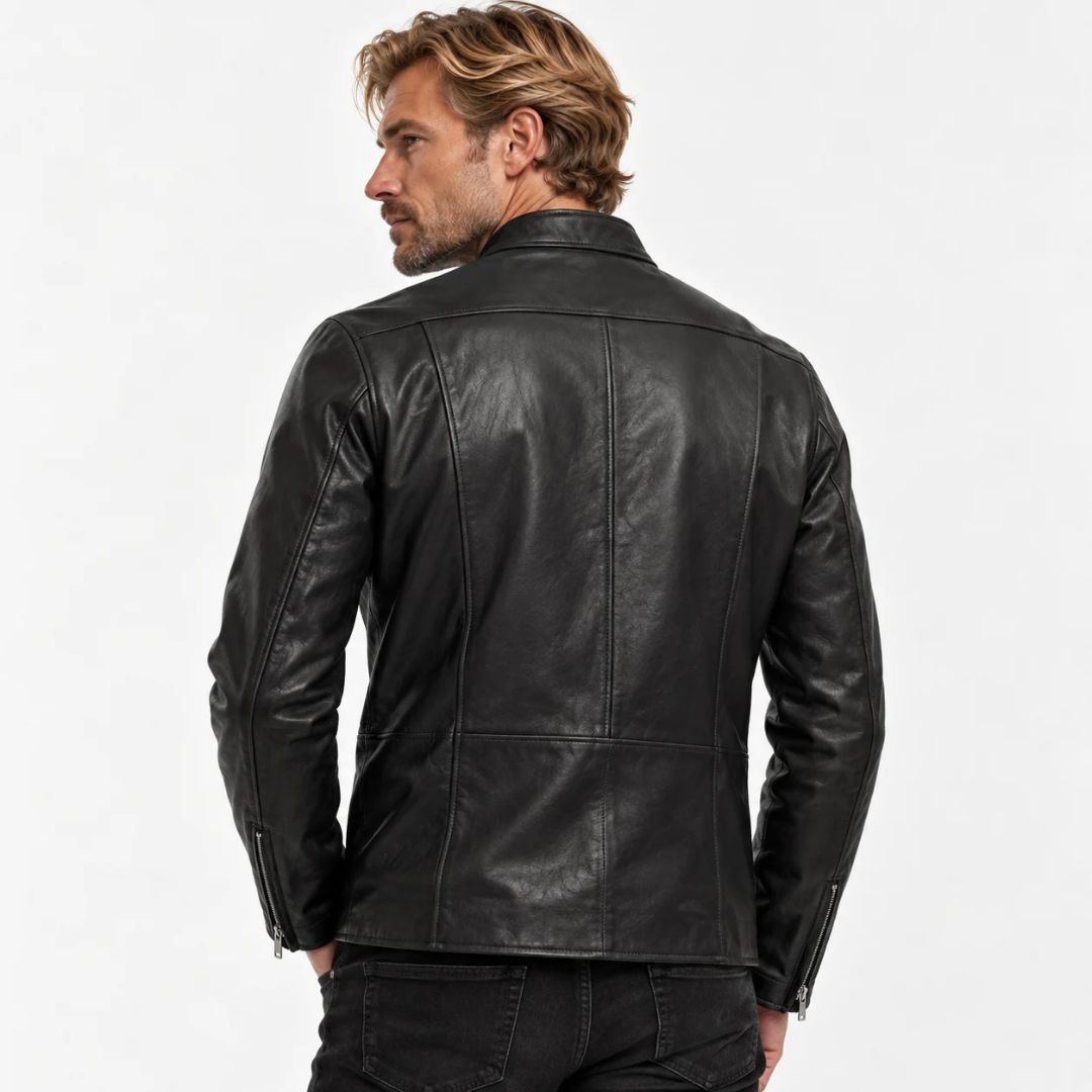 Black leather jacket with stand collar, front zip and zippered cuffs, Wrecking Crew style