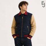 Will Byers Season 5 bomber wool jacket - beige and navy with leather sleeves
