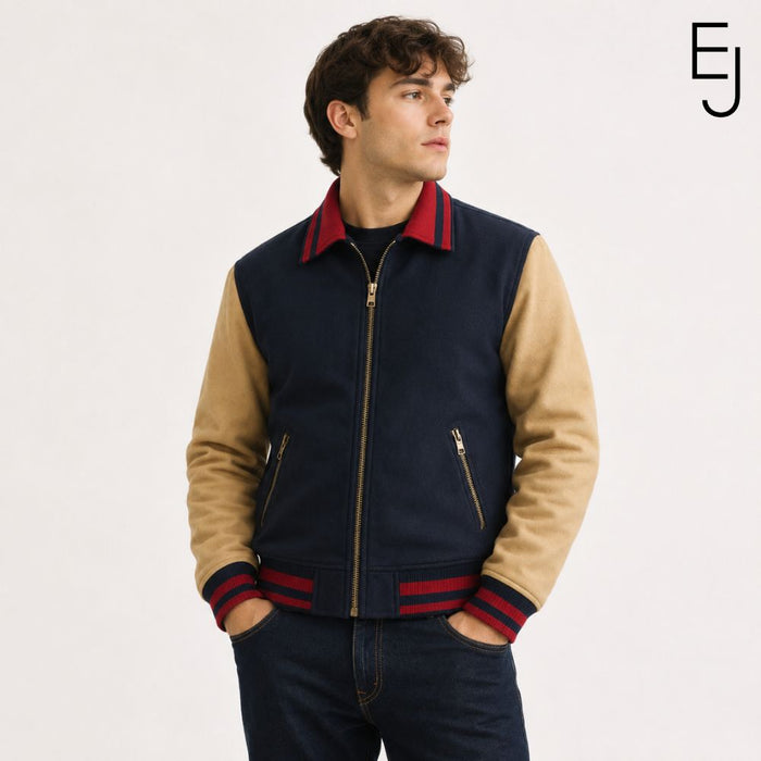 Will Byers Season 5 bomber wool jacket - beige and navy with leather sleeves