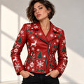 Women's Red Christmas Print Leather Moto Jacket