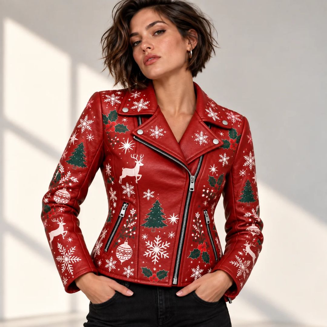 Women's Red Christmas Print Leather Moto Jacket