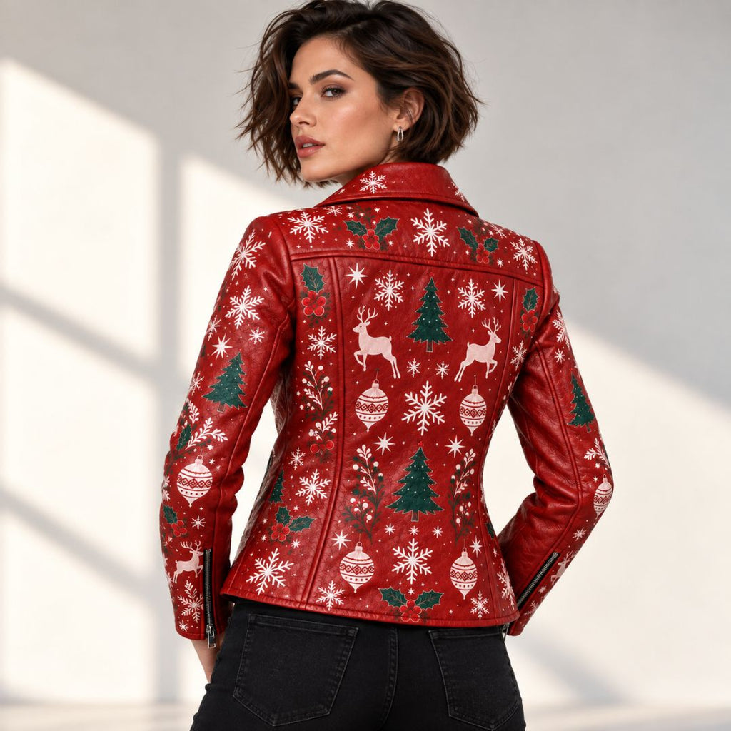 Women's Red Christmas Leather Moto Jacket