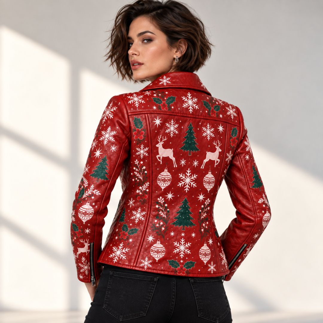 Women's Red Christmas Leather Moto Jacket