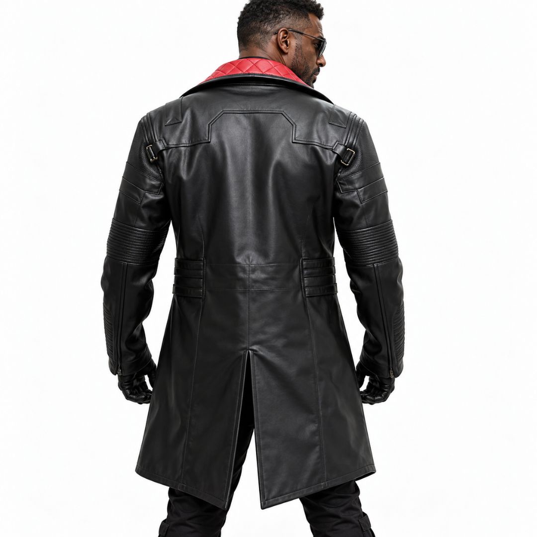 Cyberpunk 2077 Solomon Reed-inspired black leather long trench coat, alternate angle with padded sleeves and straps