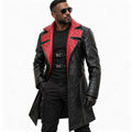 Cyberpunk 2077 Solomon Reed-inspired black leather long trench coat with red quilted lapel, worn by a model