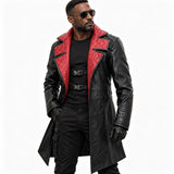 Cyberpunk 2077 Solomon Reed-inspired black leather long trench coat with red quilted lapel, worn by a model