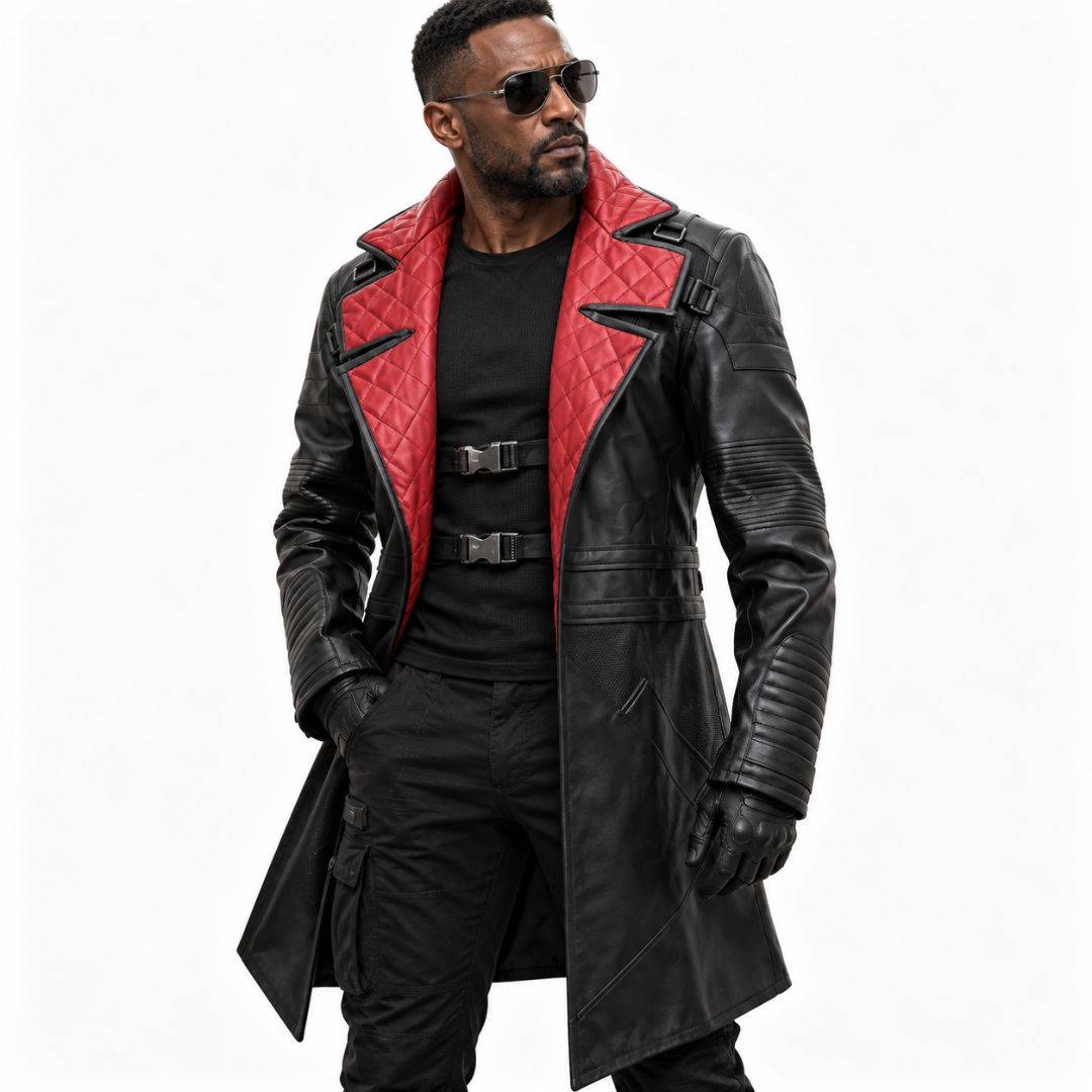 Cyberpunk 2077 Solomon Reed-inspired black leather long trench coat with red quilted lapel, worn by a model