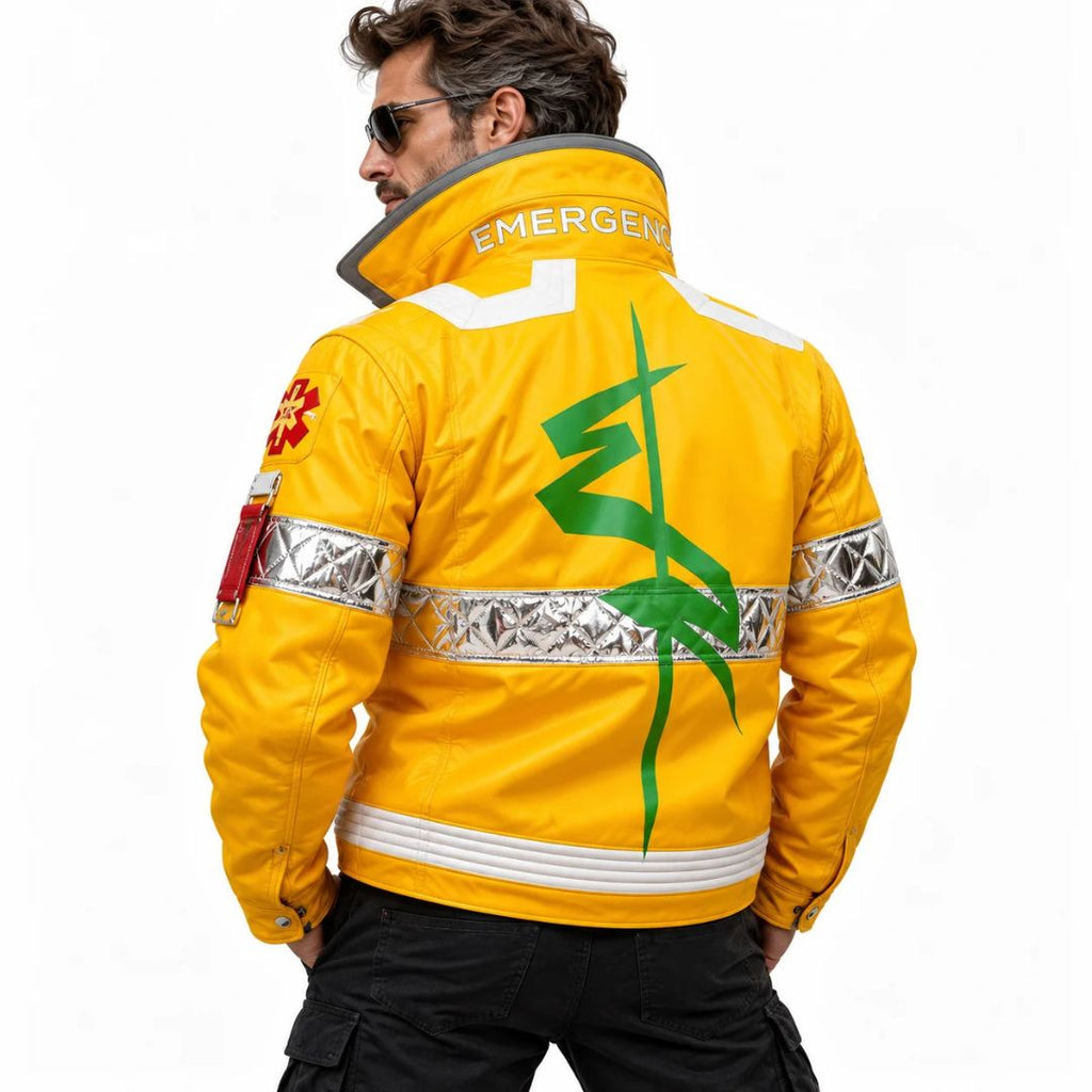 Cyberpunk Edgerunners David Martinez-inspired yellow leather jacket, alternate angle with silver bands and green graphic