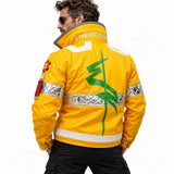 Cyberpunk Edgerunners David Martinez-inspired yellow leather jacket, alternate angle with silver bands and green graphic