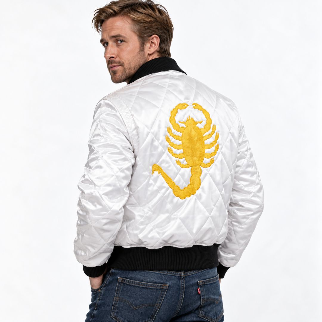 White quilted satin bomber jacket for men inspired by the Scorpion jacket from Drive