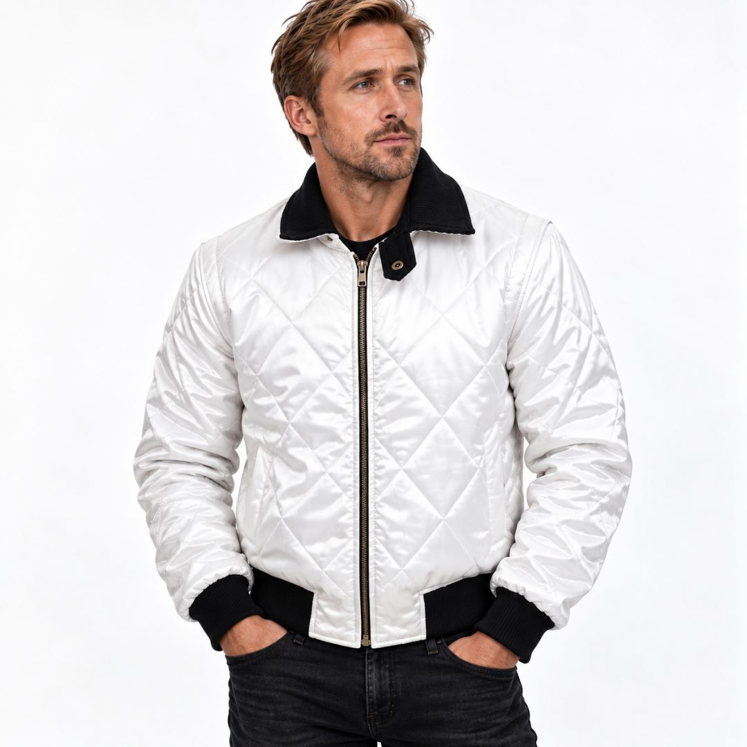 Men's white satin bomber jacket with quilted pattern and ribbed trim, Drive Scorpion style