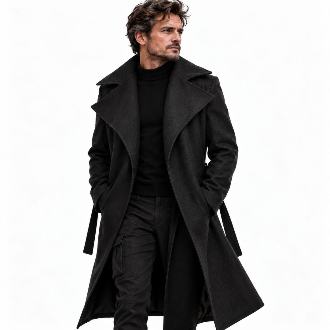 Men's long black coat in a Dune sci-fi style with belted waist