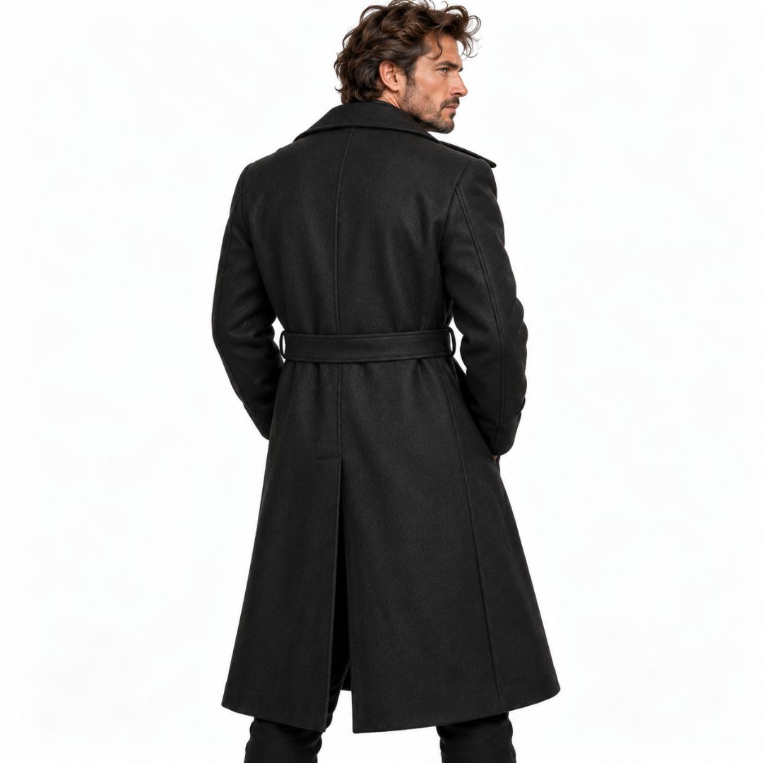 Dune inspired black long leather-look coat for men, full length view