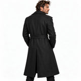 Dune inspired black long leather-look coat for men, full length view