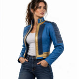Blue and gold leather jacket for women inspired by Fallout Vault 33 with gold 33 detail