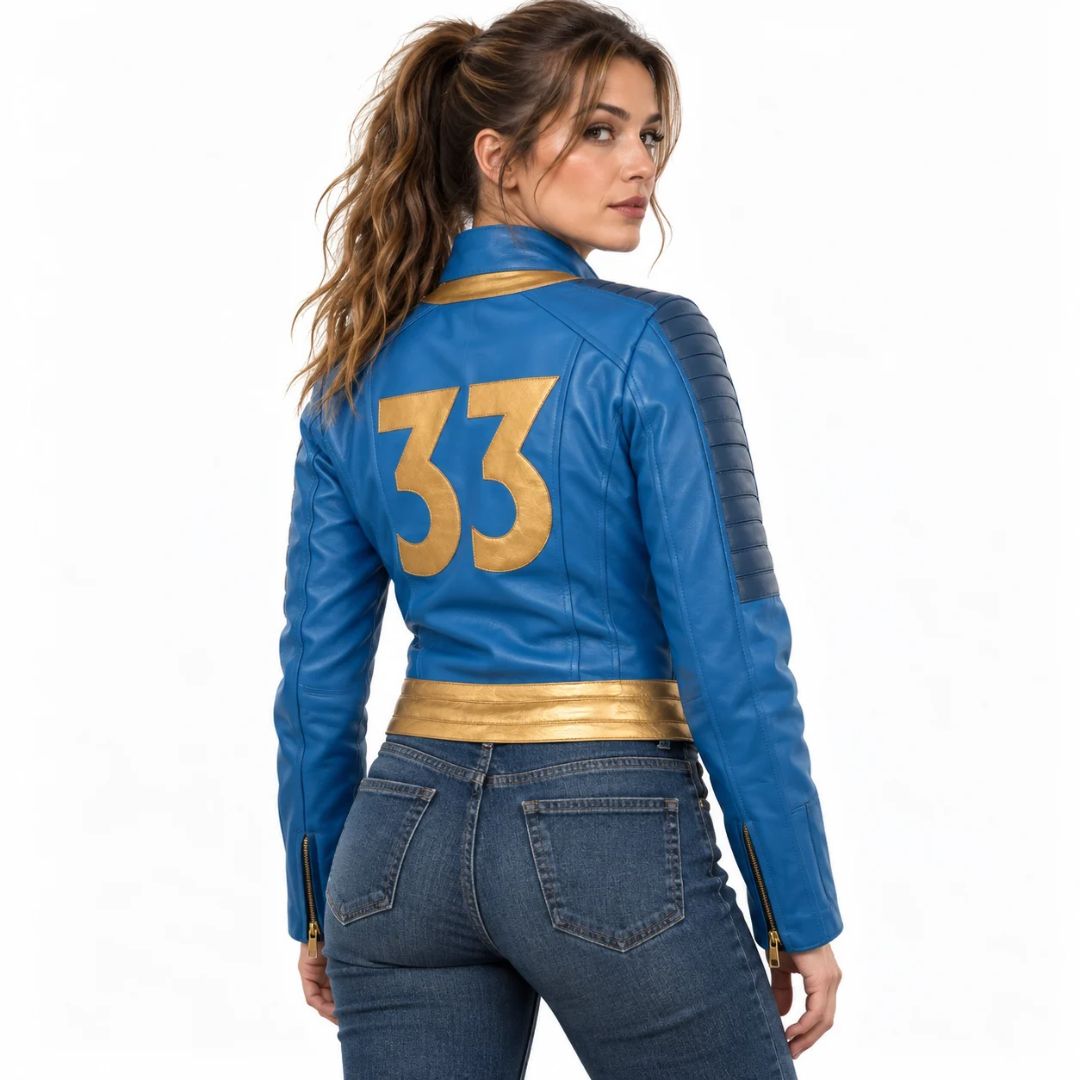 Women's cropped Vault 33 inspired blue leather jacket with gold trim and quilted shoulder panels