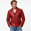 Fight Club Tyler Durden-inspired red leather jacket, worn by a model
