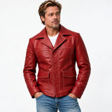 Fight Club Tyler Durden-inspired red leather jacket, worn by a model