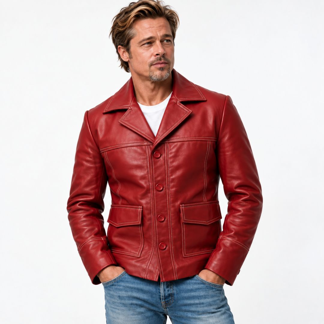 Fight Club Tyler Durden-inspired red leather jacket, worn by a model