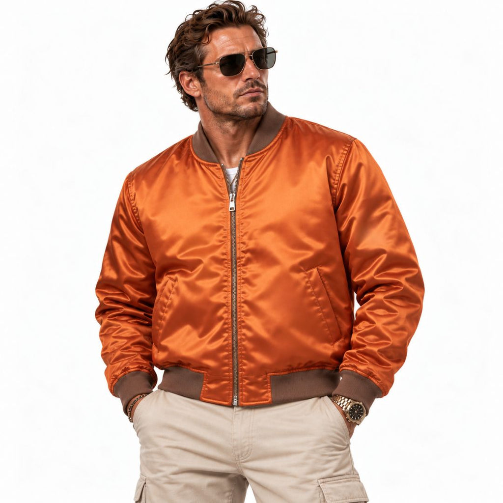 Orange satin bomber jacket for men inspired by GTA 6 Felix