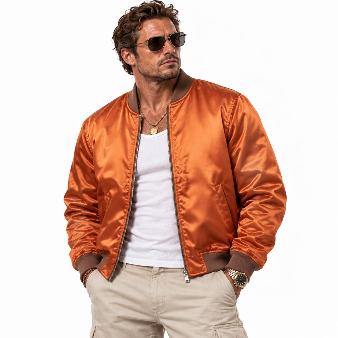 Men's orange satin bomber jacket with ribbed collar and cuffs, GTA 6 inspired