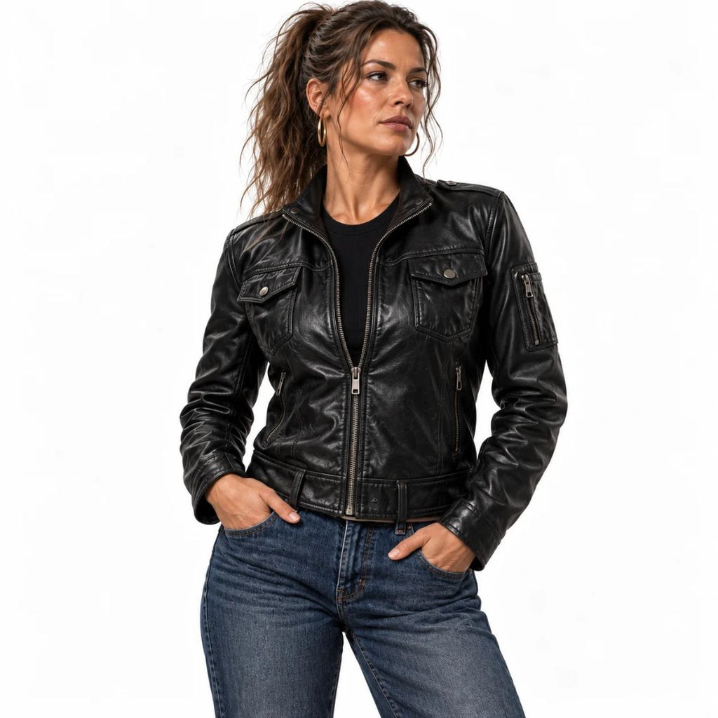 Black distressed leather biker jacket for women inspired by GTA 6 Lucia