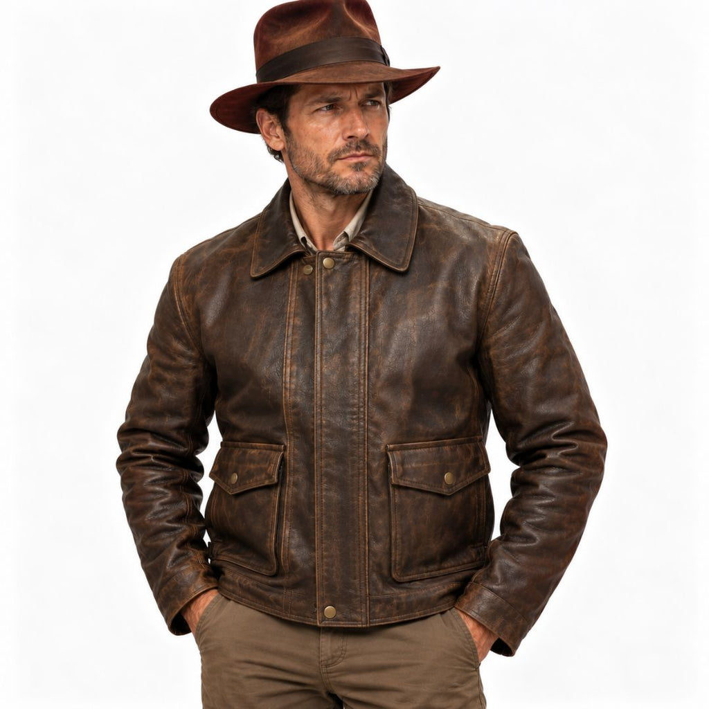 Indiana Jones-inspired distressed brown leather jacket with flap pockets and snap placket, front view with fedora