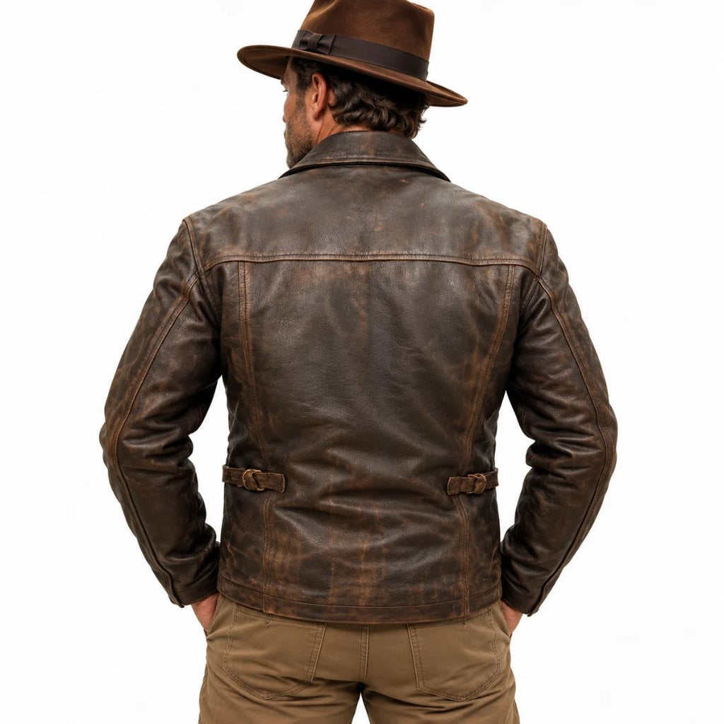 Indiana Jones-inspired distressed brown leather jacket, back view with yoke seam and side waist straps