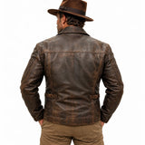 Indiana Jones-inspired distressed brown leather jacket, back view with yoke seam and side waist straps