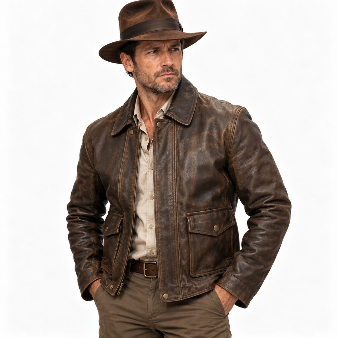 Indiana Jones-inspired distressed brown leather jacket, front view with collar and zipper detail