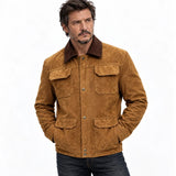 Tan suede leather jacket for men inspired by The Last of Us with brown collar and four flap pockets