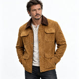 Men's tan suede field jacket inspired by The Last of Us, styled with a white henley and dark jeans