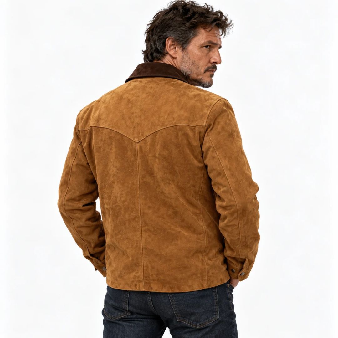 Last of Us inspired tan suede jacket with snap button front and dark brown suede collar